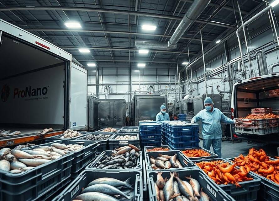 Seafood supply chain showcasing fresh fish handling, packaging, and refrigerated transport