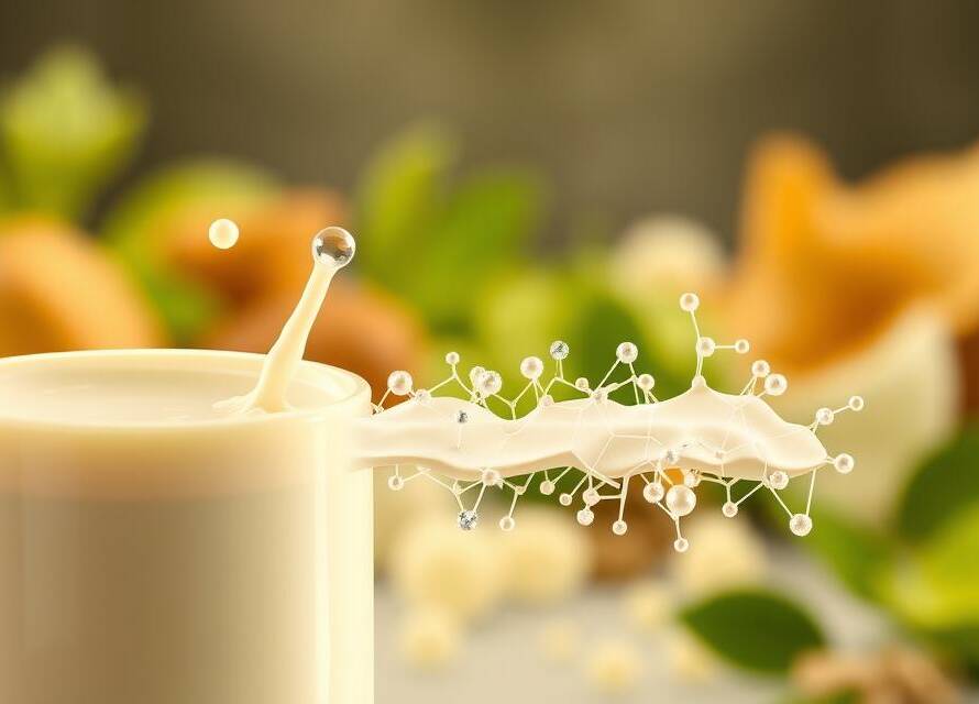 A cross-section of a plant-based milk product, showcasing the ProNano protein stabilization and suspension system. In the foreground, a smooth, creamy liquid with suspended protein particles, illuminated by soft, diffused lighting. The middle ground reveals the complex molecular structure of the stabilization agents, represented by intricate, geometric patterns. In the background, a blurred, abstract landscape of plant-based ingredients, hinting at the natural origins of this innovative dairy alternative. The overall scene conveys a sense of scientific advancement, nutritional value, and the harmony between nature and technology.