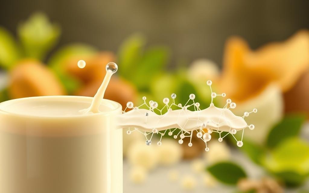 A cross-section of a plant-based milk product, showcasing the ProNano protein stabilization and suspension system. In the foreground, a smooth, creamy liquid with suspended protein particles, illuminated by soft, diffused lighting. The middle ground reveals the complex molecular structure of the stabilization agents, represented by intricate, geometric patterns. In the background, a blurred, abstract landscape of plant-based ingredients, hinting at the natural origins of this innovative dairy alternative. The overall scene conveys a sense of scientific advancement, nutritional value, and the harmony between nature and technology.