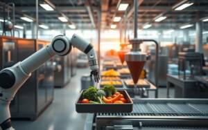A modern food processing facility, bathed in warm, diffuse lighting. In the foreground, a robotic arm delicately manipulates a tray of fresh produce, guided by the ProNano AI vision system. In the middle ground, sleek, stainless steel machinery whirs with efficiency, blending and packaging the ingredients. The background reveals a panoramic view of the facility, with clean, organized workstations and a sense of technological harmony. The overall atmosphere conveys the seamless integration of artificial intelligence and human-centric design, transforming the future of food manufacturing.
