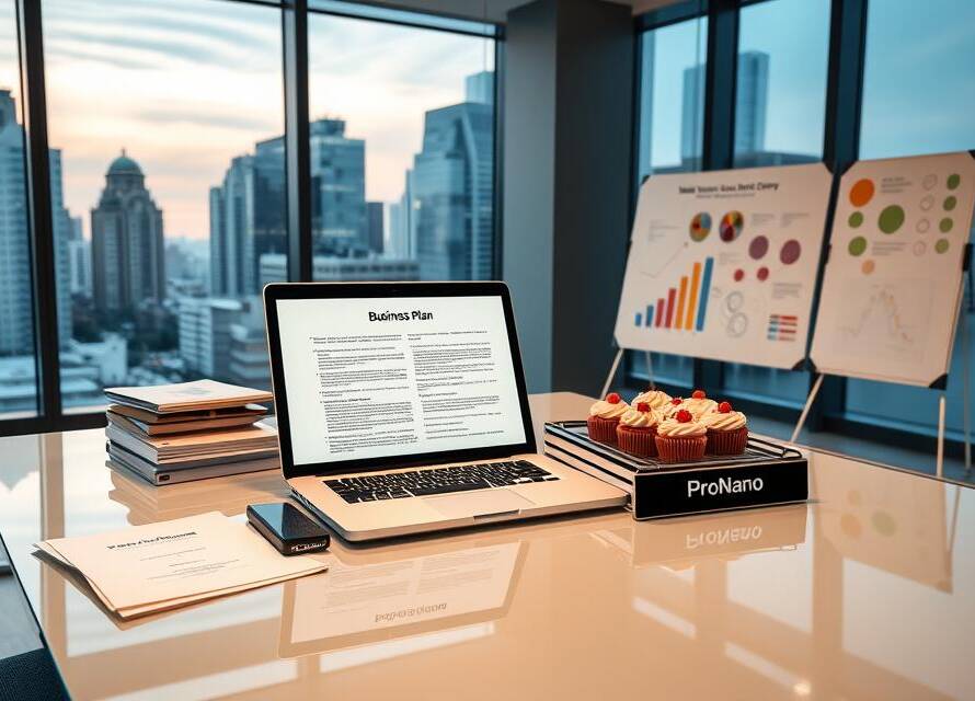 Freshly baked cupcakes and a business plan for a successful cupcake factory