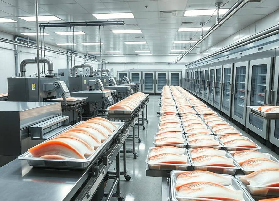 Frozen fish processing facility with automated filleting and blast freezing for fresh seafood
