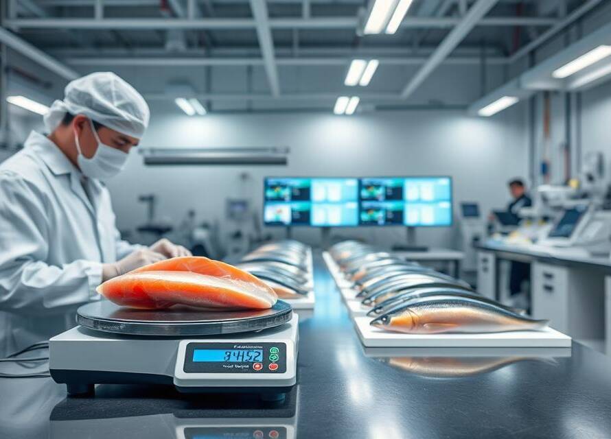 Seafood quality assurance lab ensuring safety and precise testing of fresh fish fillets