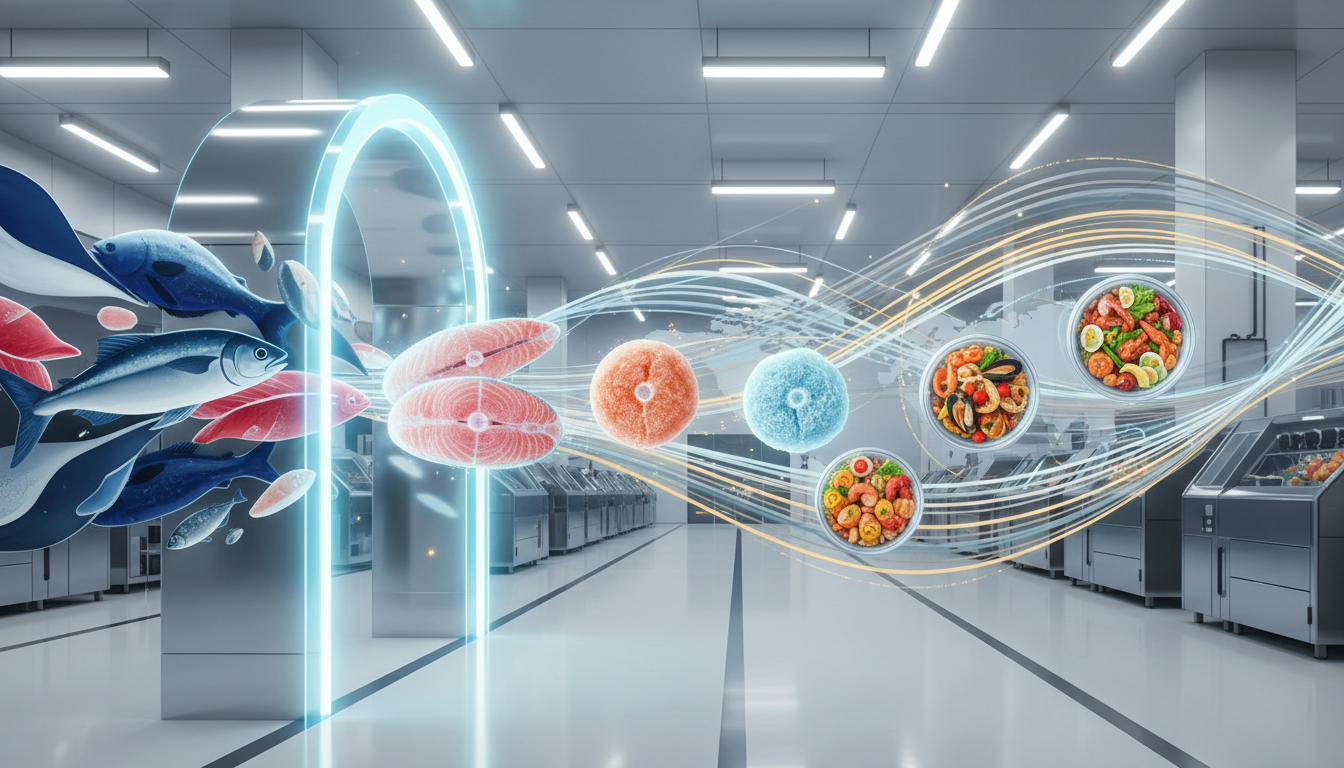Global frozen fish factory showing transformation from fresh fish to high-quality frozen seafood and instant meals.